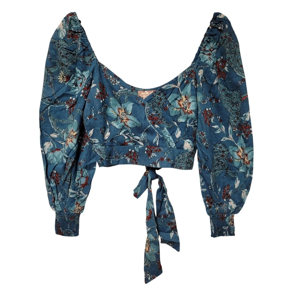 Band of the Free Floral Milkmaid Crop Top Womens Size XS Teal Boho Puff Sleeve